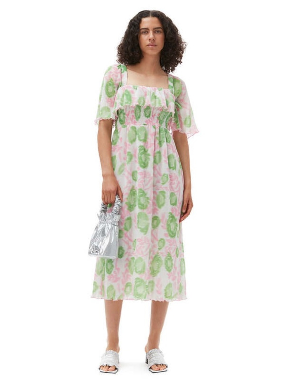 Ganni Georgette Pleated Smocked Square-Neck Midi Dress Size 36/ US 4